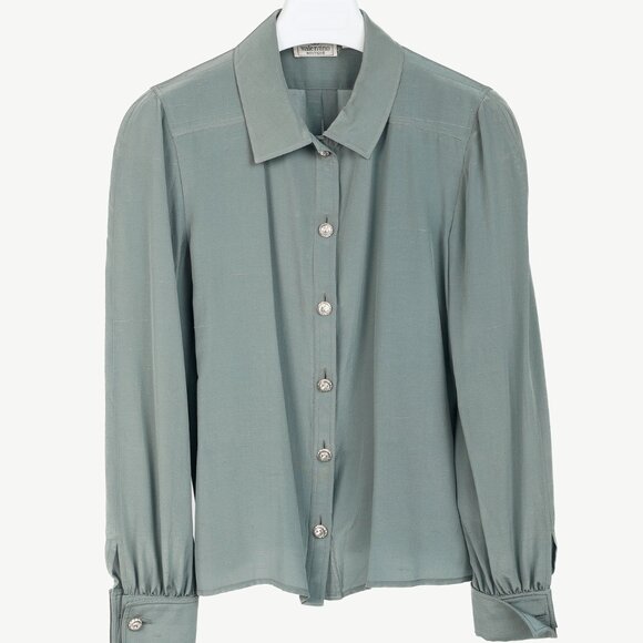 Valentino Boutique Vintage Grey Blue Shantung Satin Buttoned Blouse - Picture 1 of 9